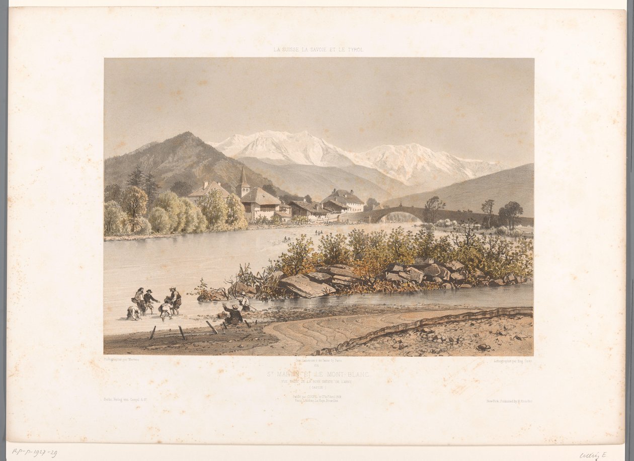 Näkymä Saint-Martin-sur-Arvelle Mont Blancilta St. Martin ja Mont-Blanc (otsikko esineessä) Gezichten in Zwitserland, Savoy in Tirol (sarjan nimi) Sveitsi, Savoy ja Tiroli (sarjan nimi esineellä) tekijältä Eugene Ciceri