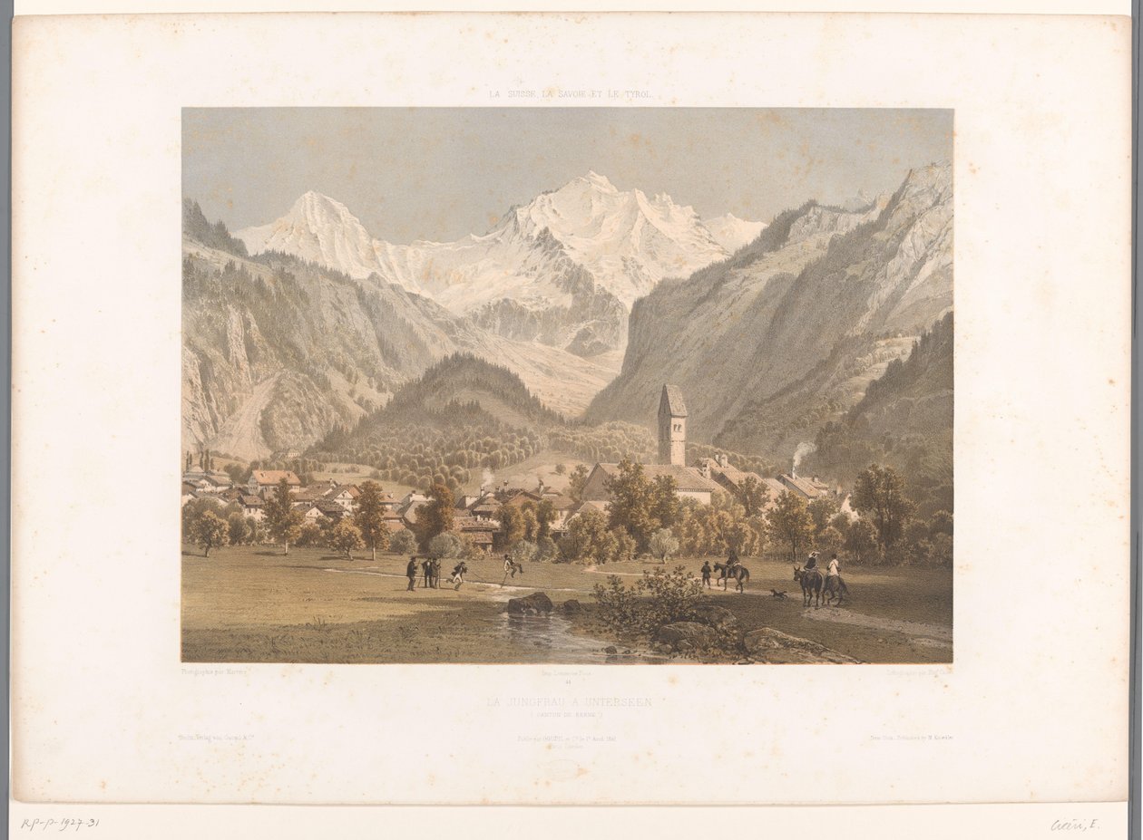 Näkymä Unterseenille ja Jungfraulle La Jungfrau à Unterseen (otsikko esineessä) Nähtävyydet Sveitsissä, Savoyssa ja Tirolissa (sarjan nimi) La Suisse, la Savoie et le Tyrol (sarjan nimi esineellä) tekijältä Eugene Ciceri