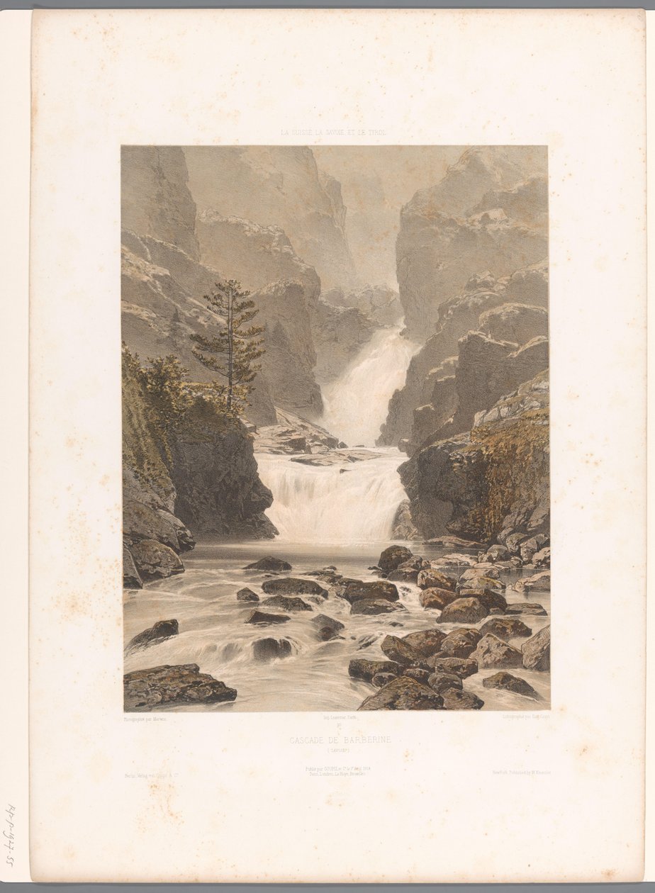 Näkymä Barberinen vesiputoukselle lähellä Vallorcinea Cascade de Barberine (otsikko esineessä) Nähtävyydet Sveitsissä, Savoyssa ja Tirolissa (sarjan nimi) La Suisse, la Savoie et le Tyrol (sarjan nimi esineellä) tekijältä Eugene Ciceri