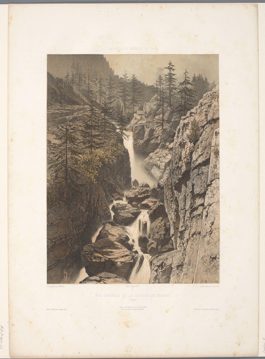 Zicht op de Bérard-waterval Yleisnäkymä Cascade de Bérardista (otsikko esineessä) Gezichten in Zwitserland, Savoy in Tirol (sarjan nimi) Sveitsi, Savoy ja Tiroli (sarjan nimi esineellä) tekijältä Eugene Ciceri