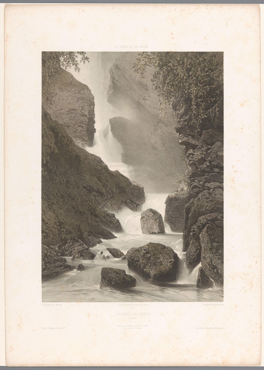 Näkymä Chèden vesiputoukselle Cascade de Chède (otsikko esineessä) La Suisse et la Savoie (sarjan nimi) Kasvot Sveitsissä ja Savoyssa (sarjan nimi esineellä) tekijältä Eugene Ciceri