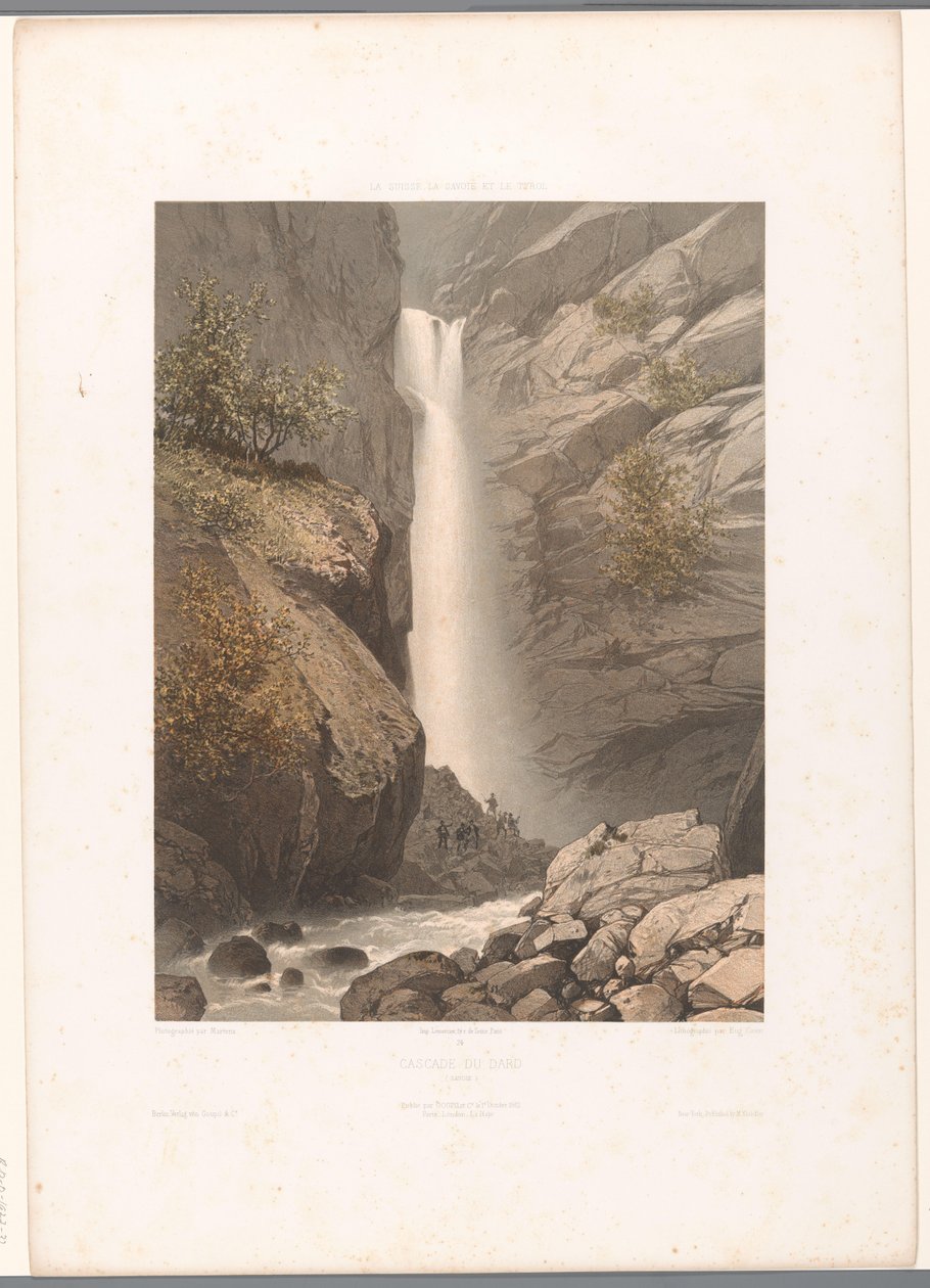 Näkymä Dardin vesiputoukselle Cascade du Dard (otsikko esineessä) Kasvot Sveitsissä, Savoyssa ja Tirolissa (sarjan nimi) La Suisse, la Savoie et le Tyrol (sarjan nimi esineellä) tekijältä Eugene Ciceri