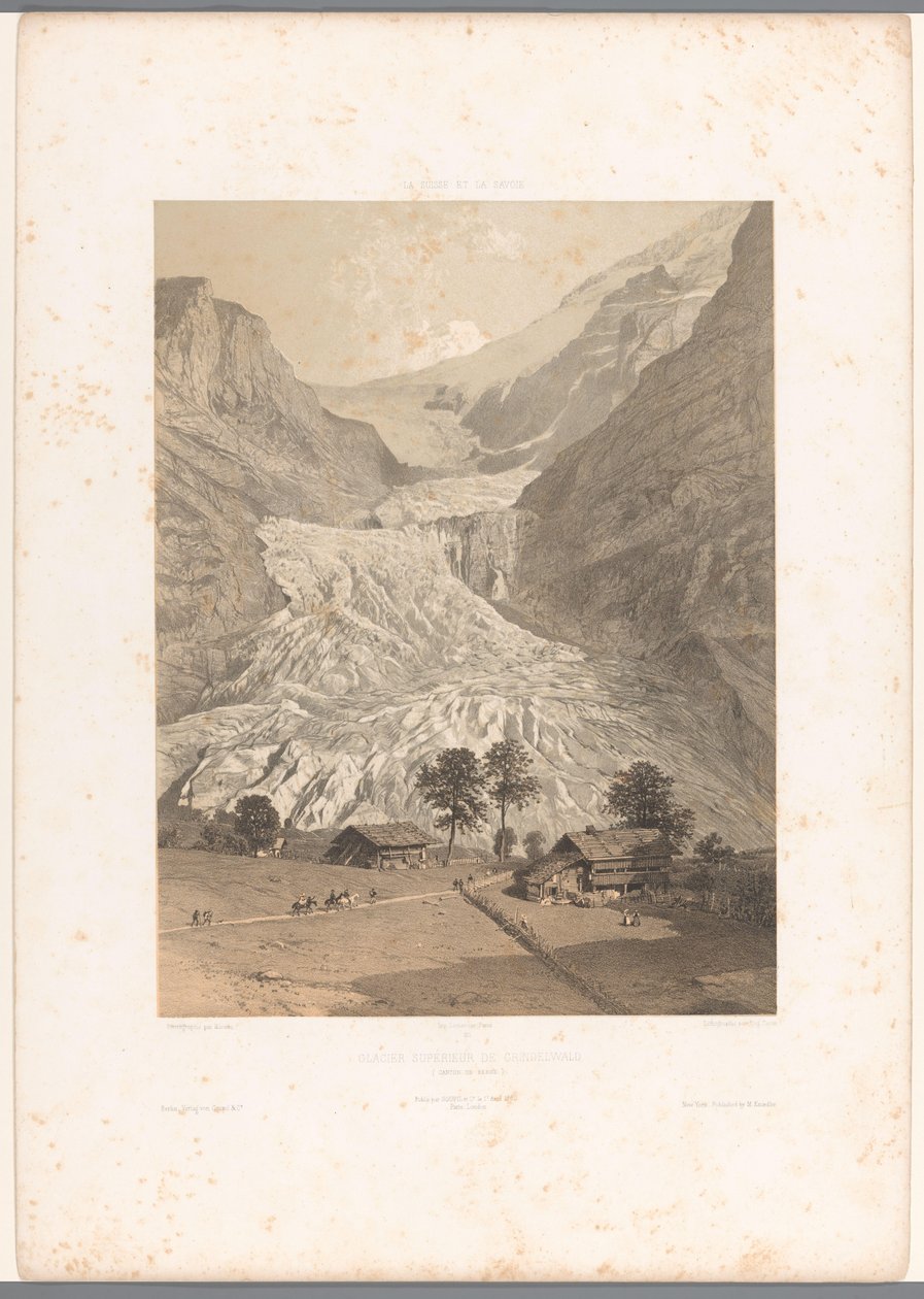 Näkymä High Grindelwald -jäätikölle Glacier Superior de Grindelwald (otsikko esineessä) Kasvot Sveitsissä ja Savoyssa (sarjan nimi) La Suisse et la Savoie (sarjan nimi esineellä) tekijältä Eugene Ciceri