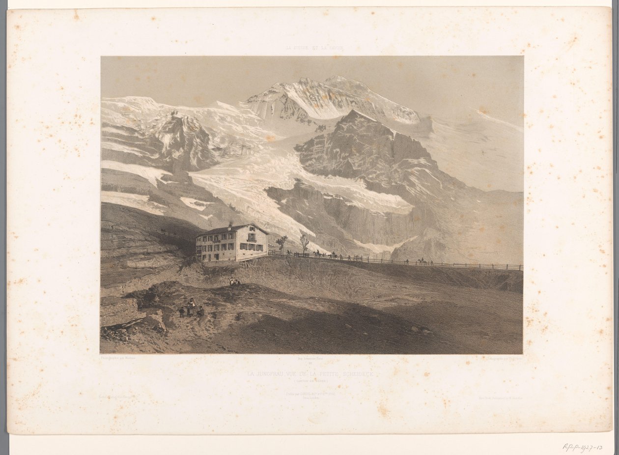 Näkymä Jungfraulle Kleine Scheideggistä La Jungfrau vue de la petite Scheideck (otsikko esineessä) Kasvot Sveitsissä ja Savoyssa (sarjan nimi) La Suisse et la Savoie (sarjan nimi esineellä) tekijältä Eugene Ciceri
