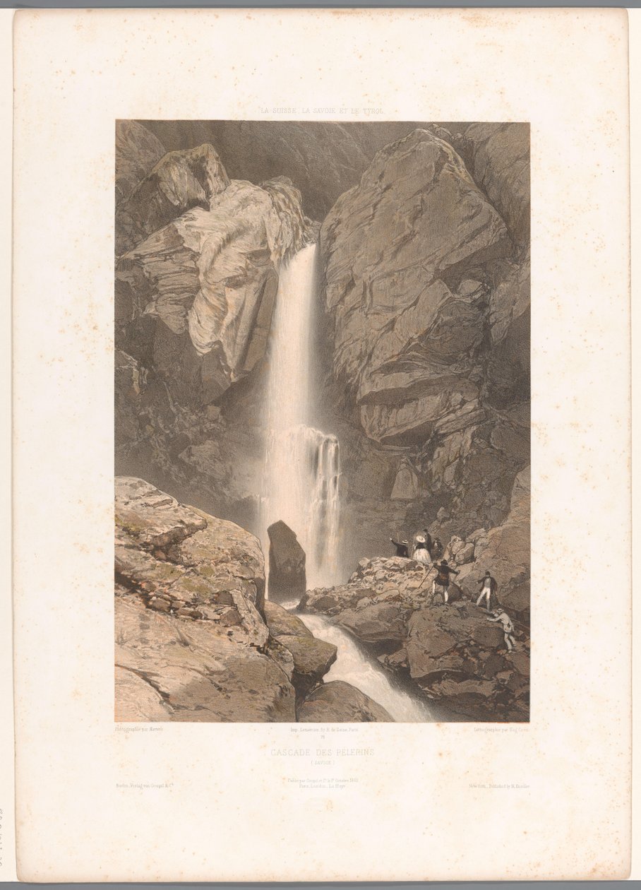 Näkymä Pélerinsin vesiputoukselle Cascade des Pelerins (otsikko esineessä) Kasvot Sveitsissä, Savoyssa ja Tirolissa (sarjan nimi) La Suisse, la Savoie et le Tyrol (sarjan nimi esineellä) tekijältä Eugene Ciceri