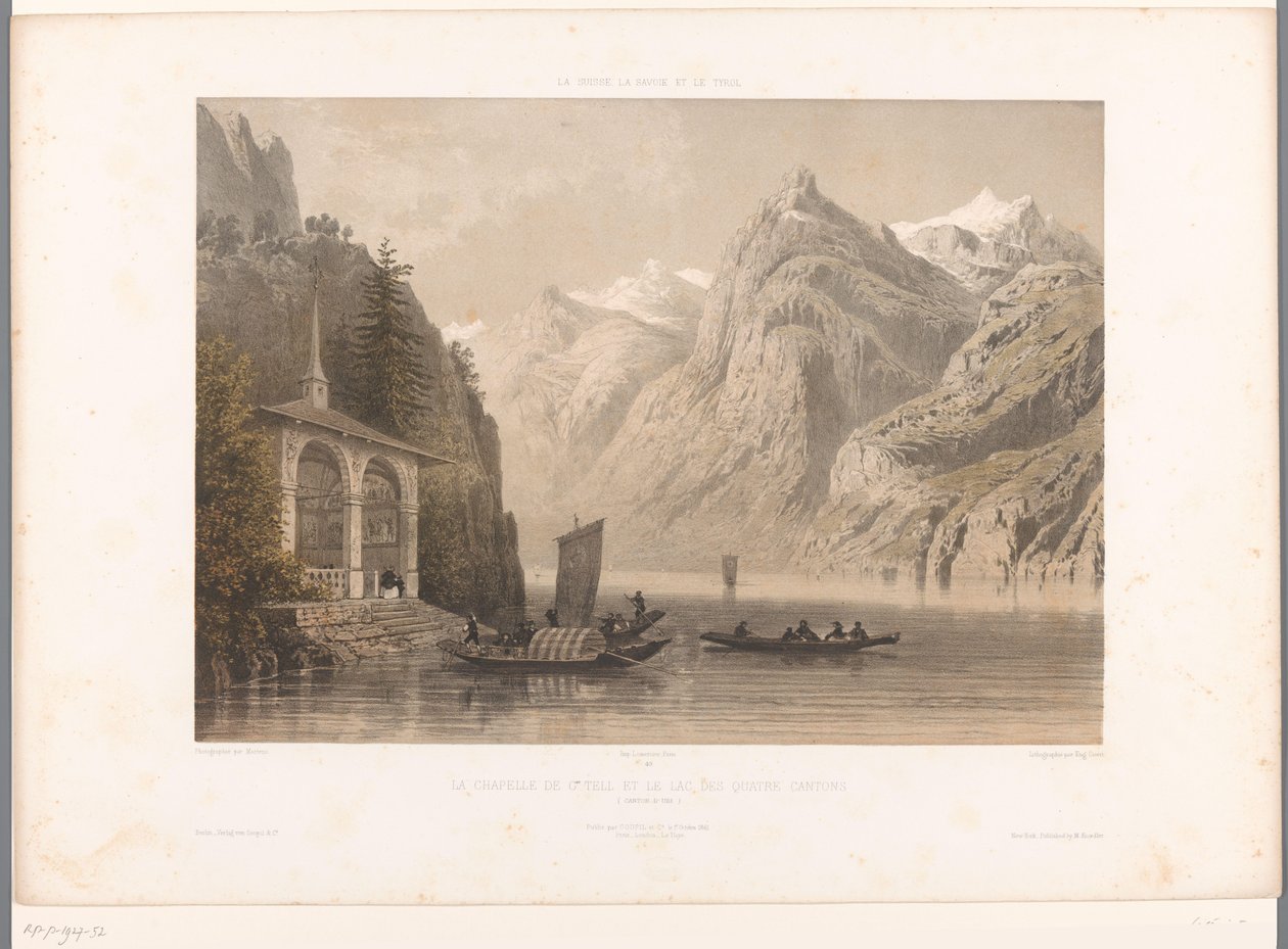 Näkymä Tellsin kappelille Luzernjärvellä La Chapelle de G.me Tell et le lac des Quatre-Cantons (otsikko esineessä) Kasvot Sveitsissä, Savoyssa ja Tirolissa (sarjan nimi) La Suisse, la Savoie et le Tyrol (sarjan nimi esineellä) tekijältä Eugene Ciceri