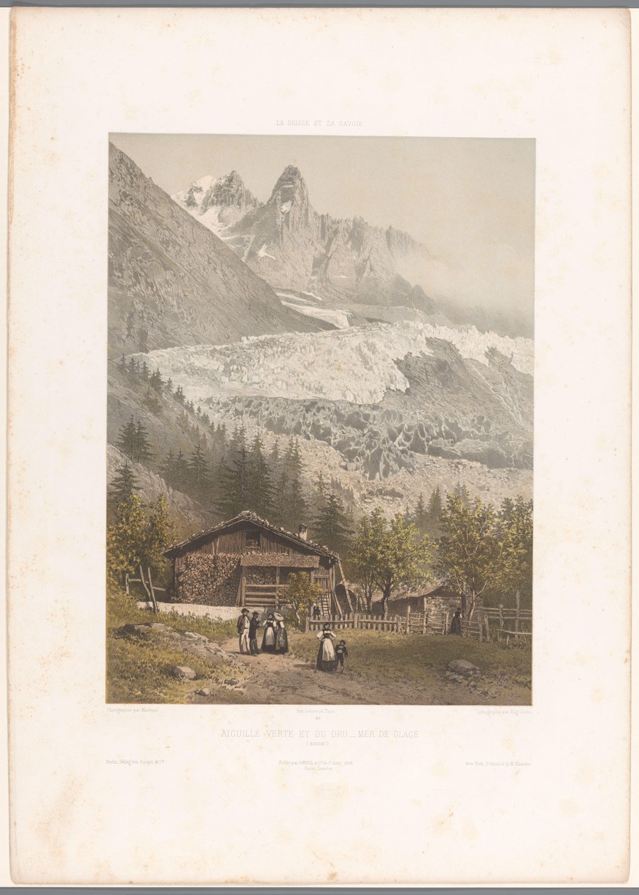 Näkymä Aiguille Verten ja Drun huipuille sekä Mer-de-Glace . -jäätikölle Aiguille verte et du Dru - Mer de Glace (otsikko esineessä) Kasvot Sveitsissä ja Savoyssa (sarjan nimi) La Suisse et la Savoie (sarjan nimi esineellä) tekijältä Eugene Ciceri