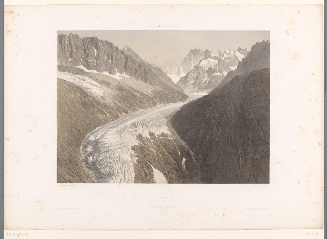 Näkymä Mer-de-Glace-jäätikölle Chamonixissa La Mer de Glace, Chamonix (otsikko esineessä) Kasvot Sveitsissä ja Savoyssa (sarjan nimi) La Suisse et la Savoie (sarjan nimi esineellä) tekijältä Eugene Ciceri