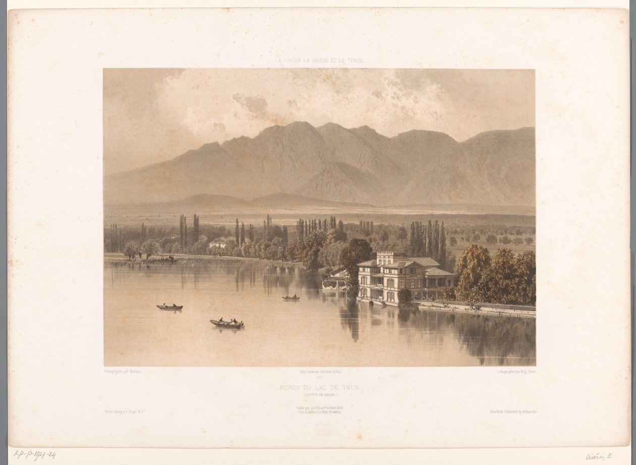Näkymä Thun-järven rannalle Bords du Lac de Thun (otsikko esineessä) Nähtävyydet Sveitsissä, Savoyssa ja Tirolissa (sarjan nimi) La Suisse, la Savoie et le Tyrol (sarjan nimi esineellä) tekijältä Eugene Ciceri