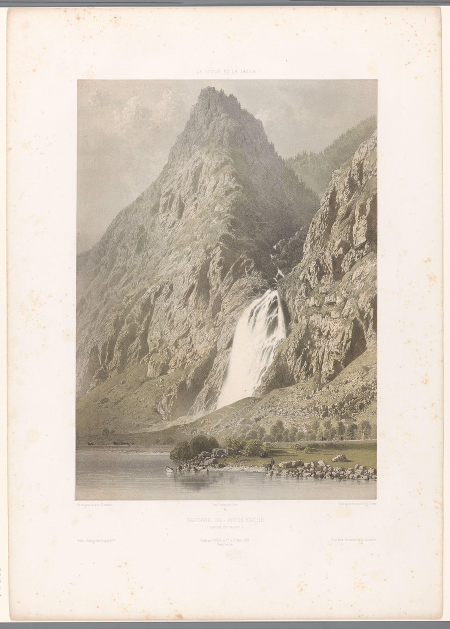 Näkymä Pissevachen vesiputoukselle Cascade de Pissevache (otsikko esineessä) Kasvot Sveitsissä ja Savoyssa (sarjan nimi) La Suisse et la Savoie (sarjan nimi esineellä) tekijältä Eugene Ciceri