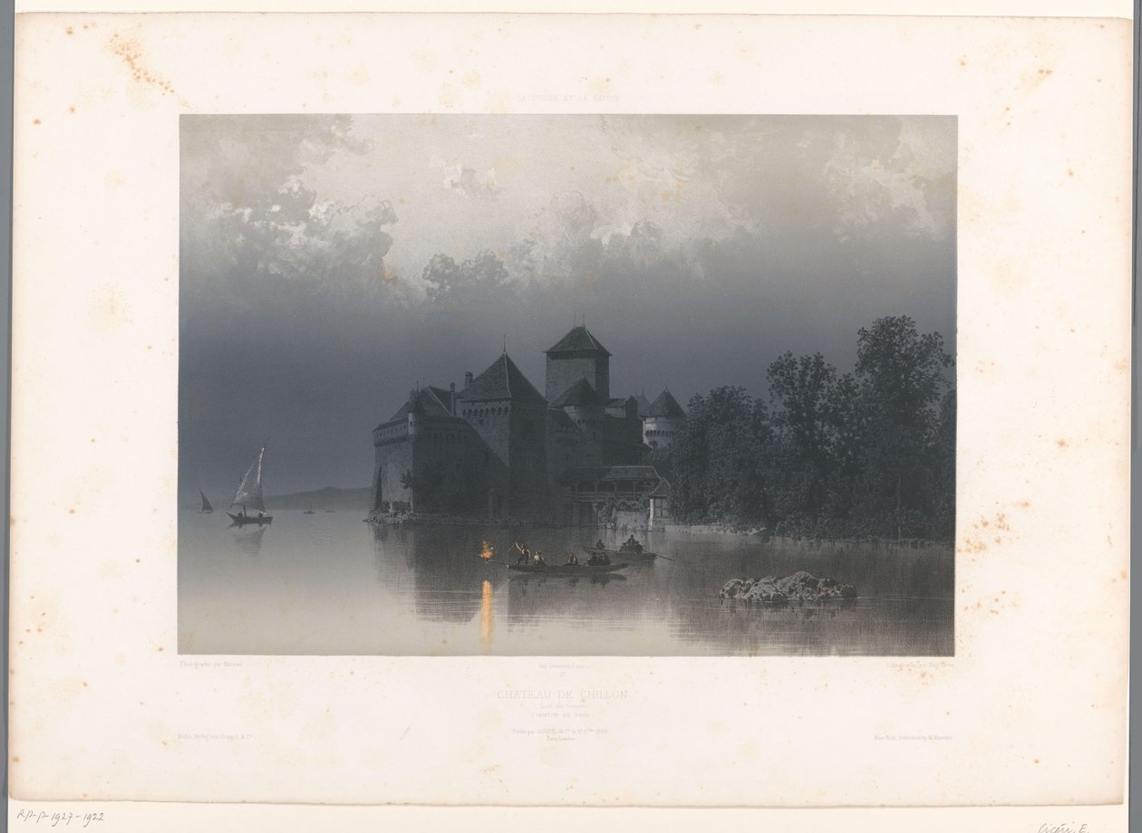 Näkymä Chillonin linnalle Genevejärvellä Château de Chillon (otsikko esineessä) Kasvot Sveitsissä ja Savoyssa (sarjan nimi) La Suisse et la Savoie (sarjan nimi esineellä) tekijältä Eugene Ciceri