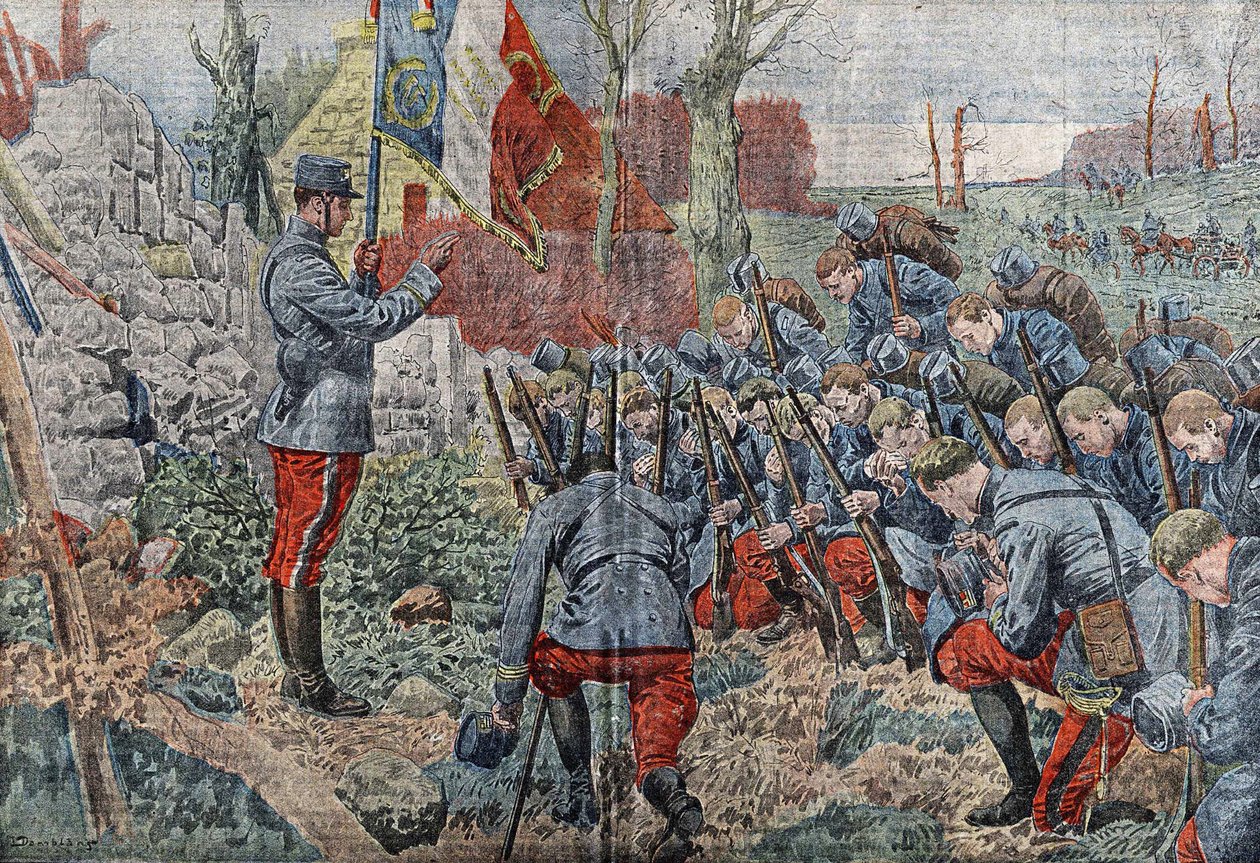 Lippua kantava pappi antaa anteeksiannon rykmenttinsä upseereille ja sotilaille heidän lähdössä hyökkäämään. Vuonna 1915 "Le pelerin". tekijältä Eugene Damblans
