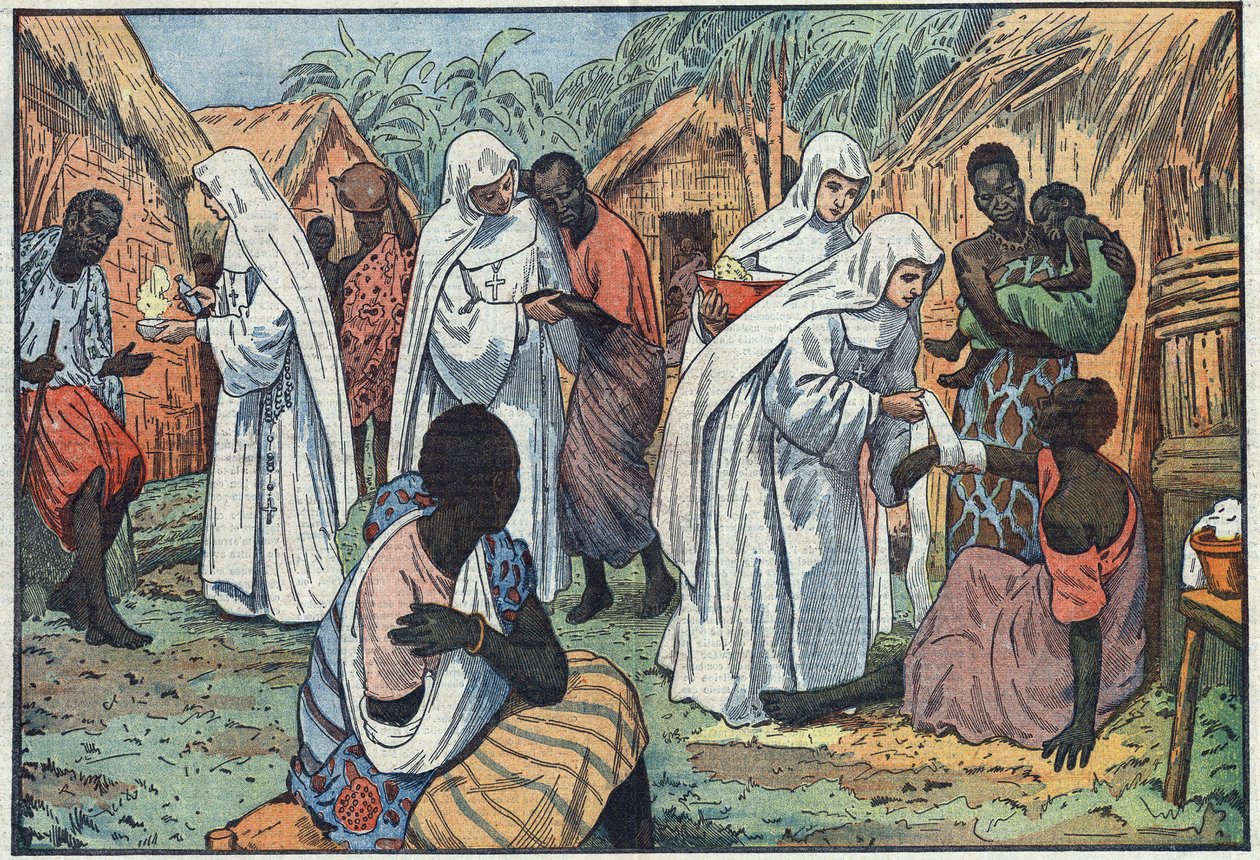 Valkoisten sisarten museoiden vihkiäisistä Lateraanipalatsissa Roomassa Päiväntasaajan Afrikan kylässä, jossa he katekisoivat ja hoitavat sairaita. Kuva Damblansista. "" Le Pelerin" -lehdessä 29. tammikuuta tekijältä Eugene Damblans