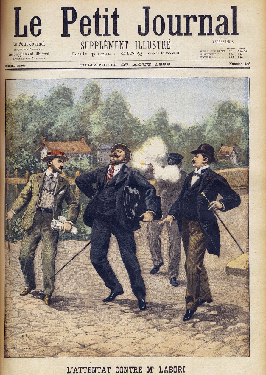 Salamurhayritys Fernand Laborille, joka oli yksi Alfred Dreyfusia puolustavista asianajajista hänen toisessa sotaoikeudessa Rennesissä "Le Petit Journal", elokuussa 1899. tekijältä Eugene Damblans