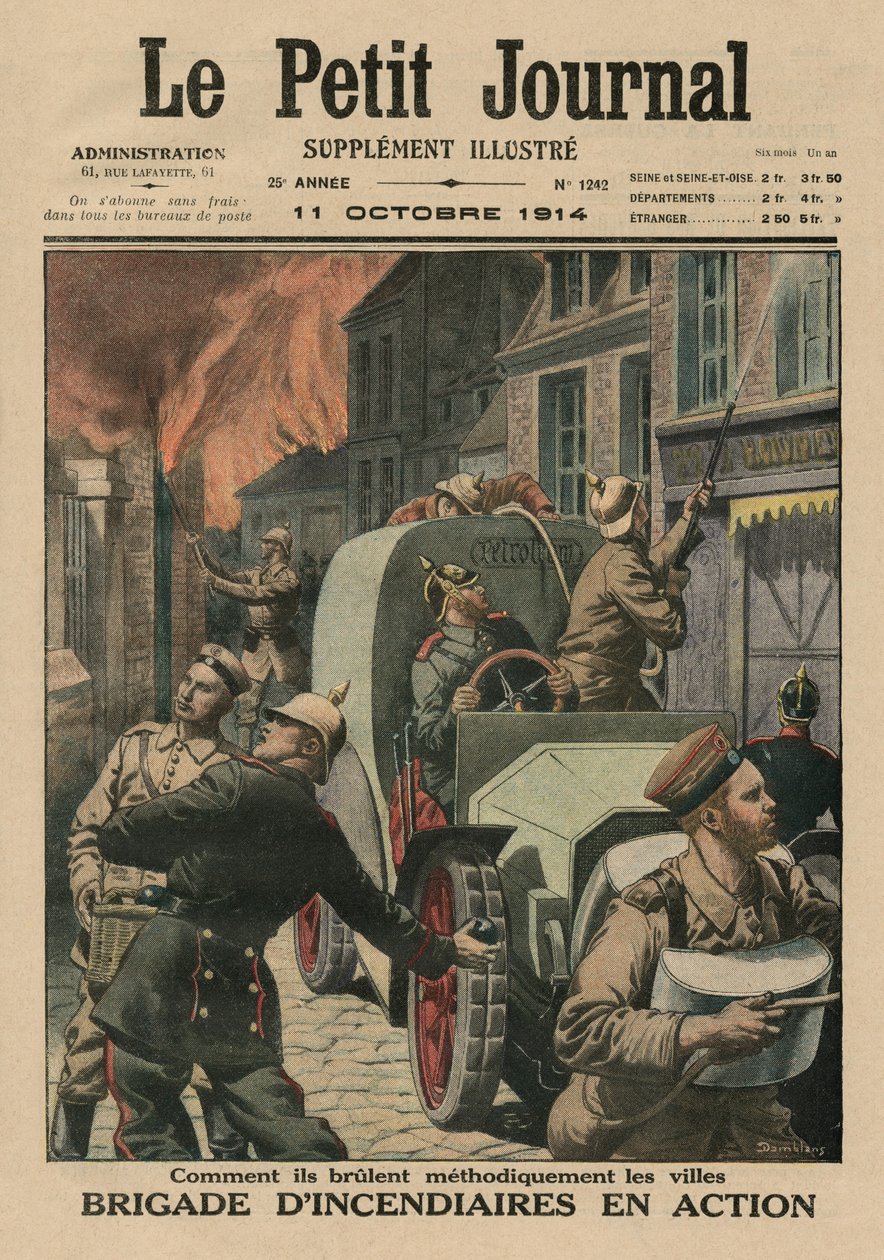 Tuhopolttajien prikaati työssään, kuinka he sytyttivät järjestelmällisesti kaupunkeja, etukannen kuva Le Petit Journalista, liitekuva, 11. lokakuuta 1914 tekijältä Eugene Damblans