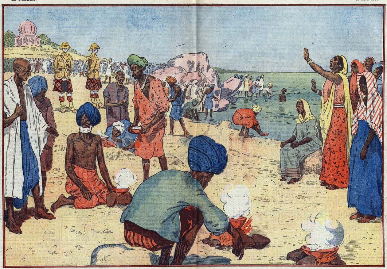 Kansalaistottelemattomuuden viikko Intiassa Brittiläistä imperiumia vastaan: Bombay Beachillä Gandhi (1869-1948) ja hänen kannattajansa keittävät merivettä suolan saamiseksi Gabelle-lain vastaisesti. Naiset rohkaisevat heitä toistamalla tämän kuoron: "Rikk tekijältä Eugene Damblans