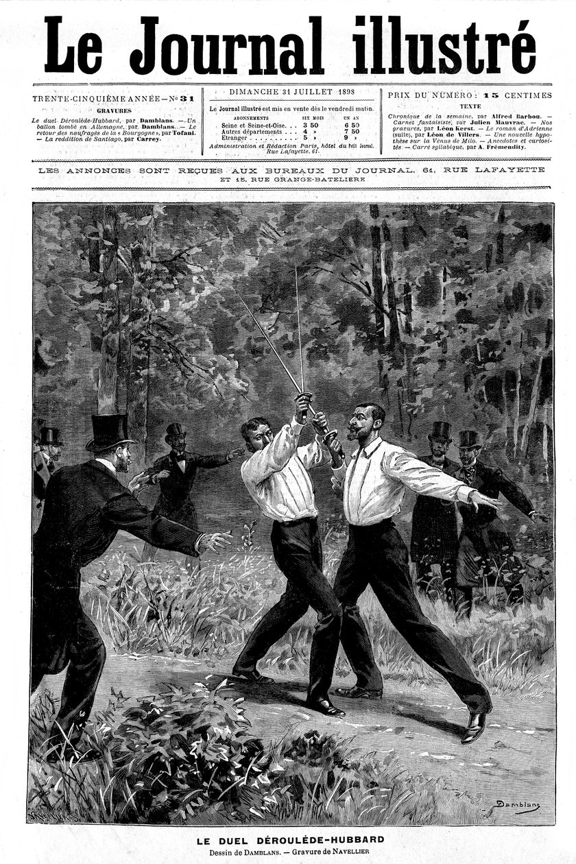 Damblansin kaiverrus Journal Illustrous N¡ 31 "yhteen" 31. heinäkuuta 1898: Paul Derouleden (1846-1914) ja Gustave Hubbardin (1858-1927) kaksintaistelu miekalla - todistajat puuttuivat asiaan - tekijältä Eugene Damblans