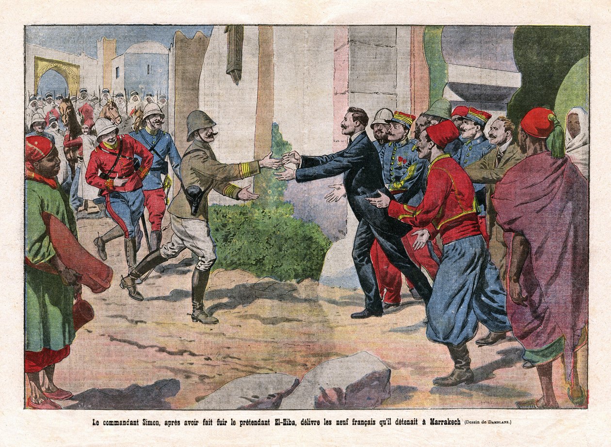 Marokon tapahtumat, jotka Hubert (Louis-Hubert-Gonzalve) Lyauteyn (1854-1934) ja Charles Manginin (1866-1925) joukot ottivat haltuunsa Marrakechista. Komentaja Simon vapautti yhdeksän, kun hän oli paennut teeskentelevää El-Hibaa (El Hiba) (Ahmed al-Hiba (A tekijältä Eugene Damblans