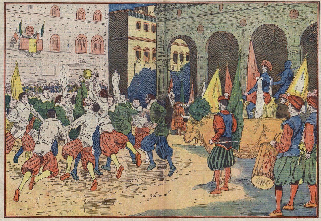 Firenze, Italia: Place de la Seigneuriella, osa 1400-luvun jalkapallosta "calcioa" rakennettiin uudelleen aikakauden pukuun. Voittajajoukkueelle tarjottiin naudanlihaa. Kuva Damblansista. "" Le Pelerin" -lehdessä 8. kesäkuuta tekijältä Eugene Damblans