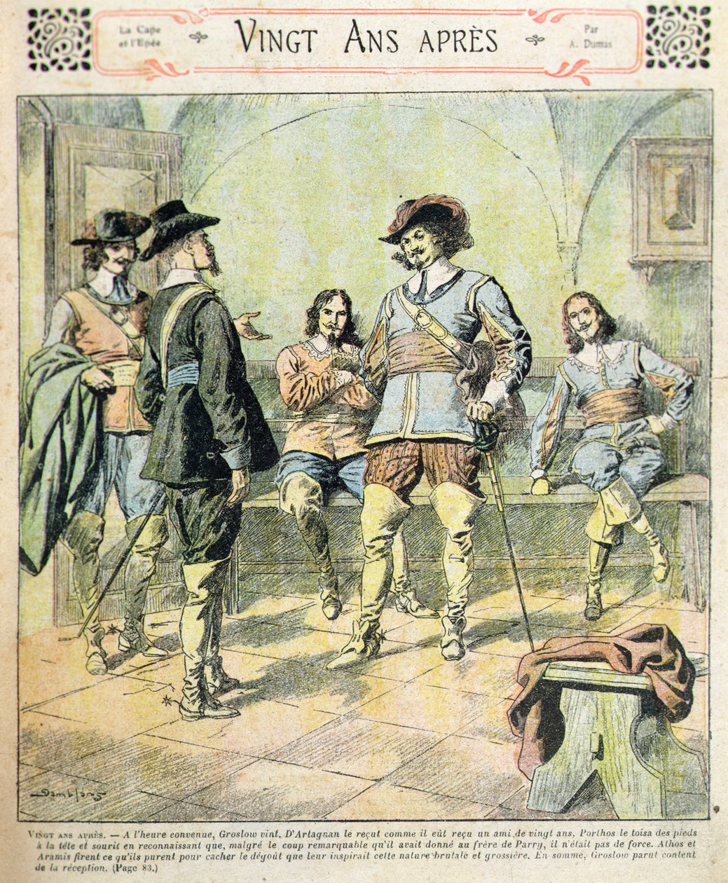 Etukansi Alexandre Dumas Peren (1803-70) Vingt Ans Apres -sarjan teoksesta "Journal des Romans Populaires Illustres", n. 1900 (värilitho) tekijältä Eugene Damblans