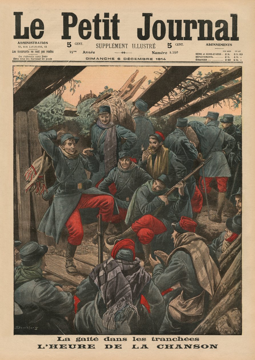 Iloiset juhlat juoksuhaudoissa, Song Time, etukannen kuvitus Le Petit Journalista, liite kuva, 6. joulukuuta 1914 tekijältä Eugene Damblans