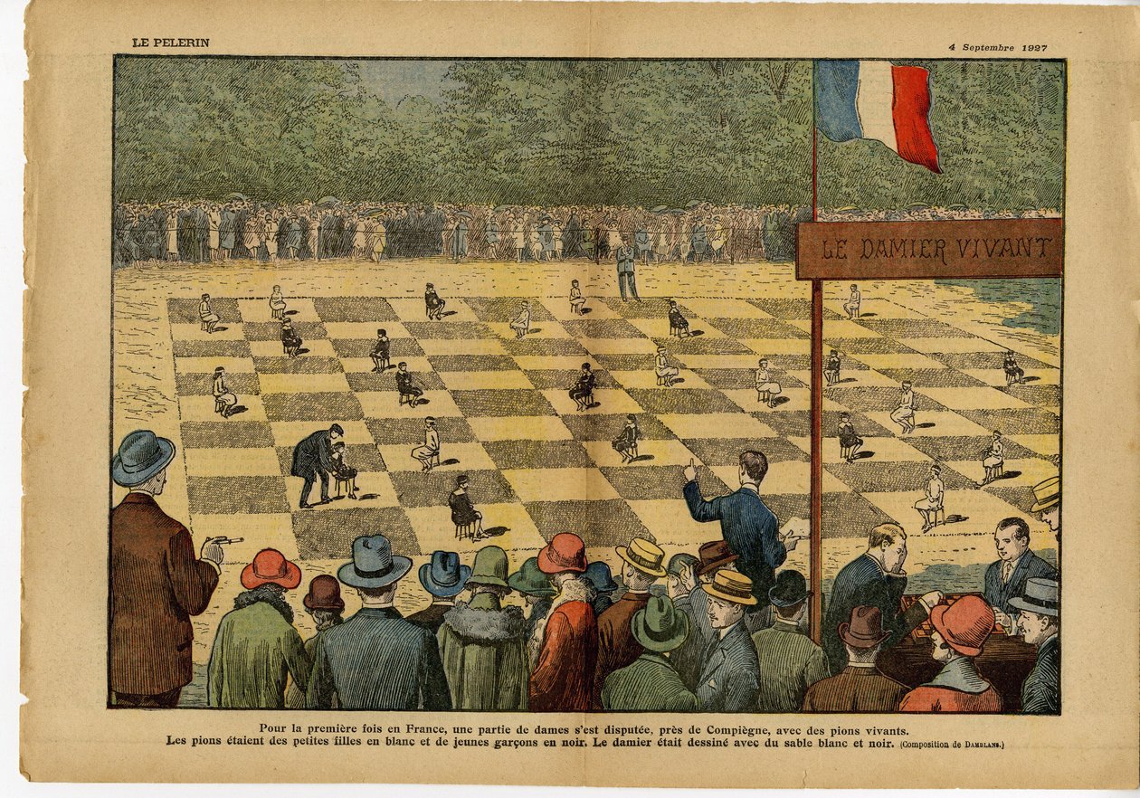 Ilustrasyon ni Eugene Damblans (1865-1945) sa Le Pelerin, 04/09/27 - Sa unang pagkakataon sa France, isang laro ng mga babae... Live Checkerboard - Laro, Mga Libangan, Madla, Checkersfinn tekijältä Eugene Damblans