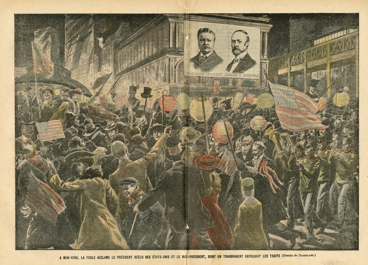 Kuva Eugene Damblansista (1865-1945) Le Pelerinissä, 20.11.04 - New Yorkissa yleisö hurraa Yhdysvaltain uudelleen valittua presidenttiä ja varapresidenttiä, jonka läpinäkyvä toistaa piirteet - Amerikka USA, vaalit, arkkitehtuuri Urbani tekijältä Eugene Damblans