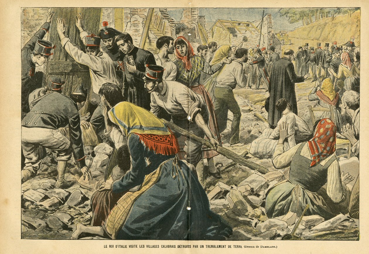 Illustration of Eugene Damblans (1865-1945) in Le Pelerin, 24/09/05 - Italian kuningas vierailee maanjäristyksen runtelemissa Calabrian kylissä - Miscellaneous facts, Italia, Arkkitehtuuri Kaupunkisuunnittelu, Tuhorakennukset, Luonnonkatastrofi, Maanjärist tekijältä Eugene Damblans
