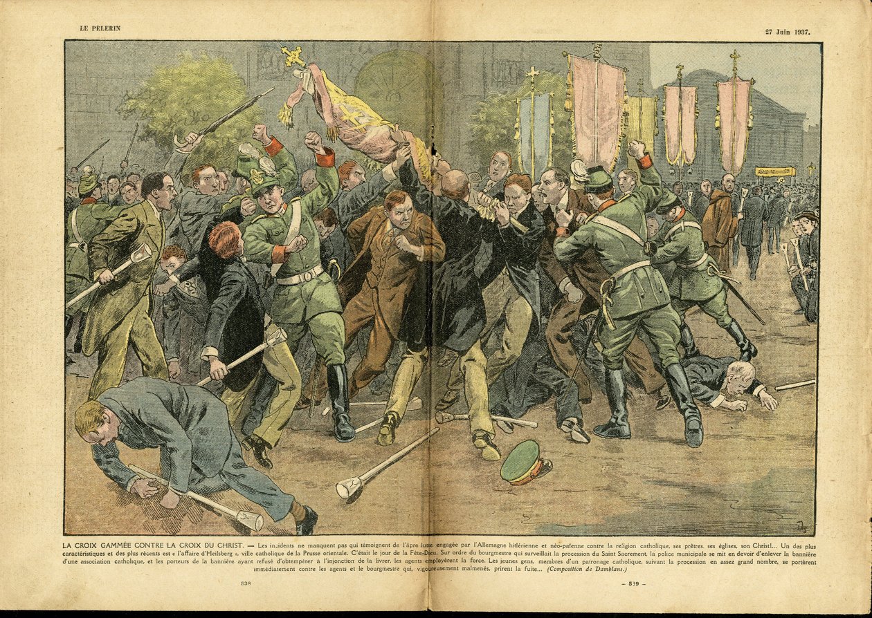Ilustrasyon ni Eugene Damblans (1865-1945) sa Le Pelerin, 27/06/37 - The cross gammee against the cross of Christ in Hitlerian Germany - Germany Prussia, Religion Faith, Crowd, Fighting, Righting, Gammee Cross, Christian Cross, Catholic Katolisismo - Soldf tekijältä Eugene Damblans