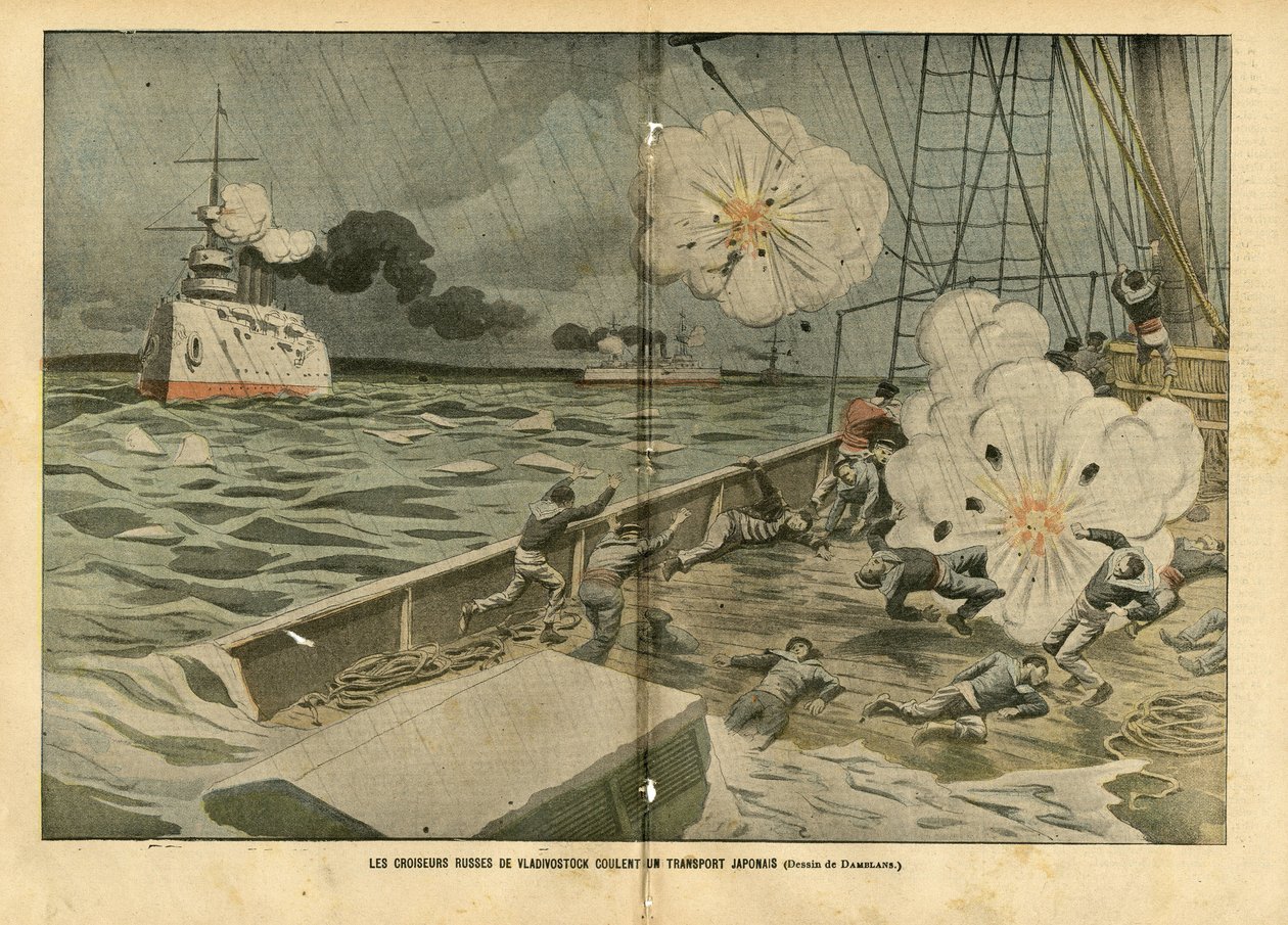 Kuva Eugene Damblansista (1865-1945) Le Pelerinissä, 28.02.04 - Vladivostokin venäläiset risteilijät upottavat japanilaisen kuljetuskaluston - Armee, Maritime Marine Seaside, Venäjän ja Japanin sota, Sota-alukset, Vladivostok - Merimiehet, merimiehet tekijältä Eugene Damblans