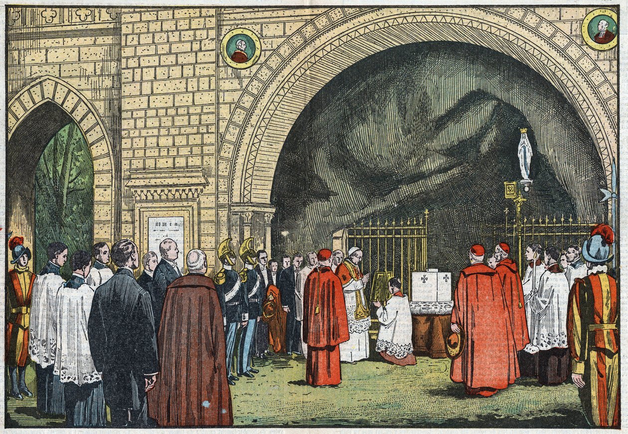 "Grotto de Lourdesin" edessä Vatikaanin puutarhoissa paavi Pius XI siunasi Propaganda Collegen ensimmäisen kiven, joka kohoaisi Janiculeen. Kuva Damblansista. Le Pelerinissä 3. kesäkuuta tekijältä Eugene Damblans