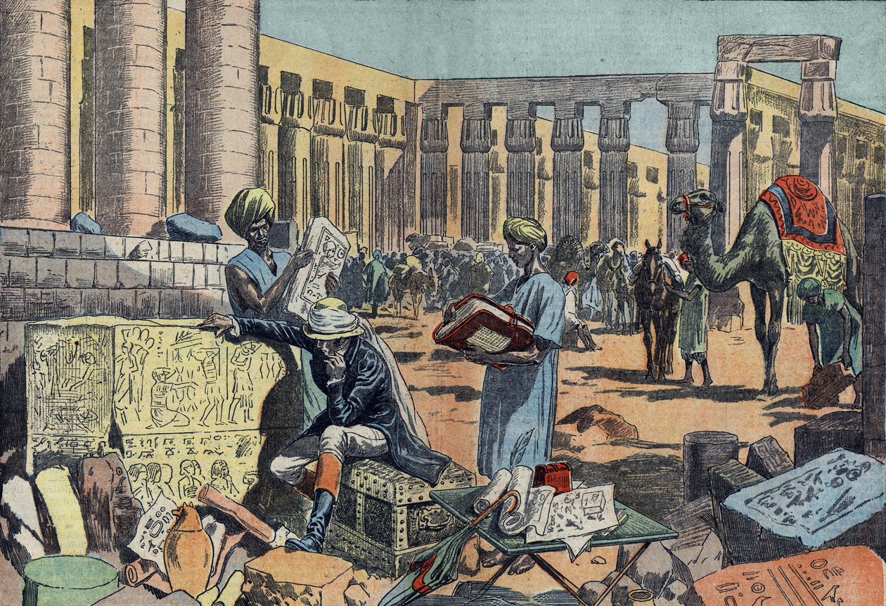 Jean Francois (Jean-Francois) Champollion (1790-1832), ranskalainen egyptologi, joka tutkii tekstiä Theban pylväiköiden keskellä. Kaiverrus vuodelta 1923. Piirustus Damblanista. tekijältä Eugene Damblans