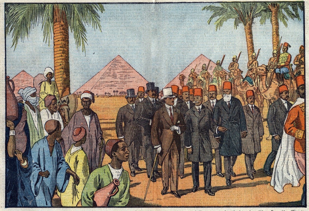 Afganistanin kuningas Amanullah (1892-1960) vierailee Egyptin pyramideissa meharistien saattajan kanssa. Kairo, Egypti. Kuva Damblansista. "" Le Pelerin" -lehdessä 22. tammikuuta tekijältä Eugene Damblans