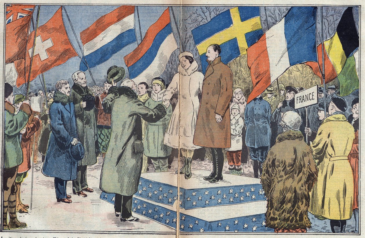 Talviolympialaiset (1932) - päätösseremonia: tuomaristo onnittelee olympiavoittajia ranskalaisia luistelijoita M. ja rouva Brunet Jolya (Brunet-Joly). Lake Placid, Yhdysvallat. Kuva Damblansista. "" Le Pelerin" -lehdessä 18. maaliskuuta tekijältä Eugene Damblans