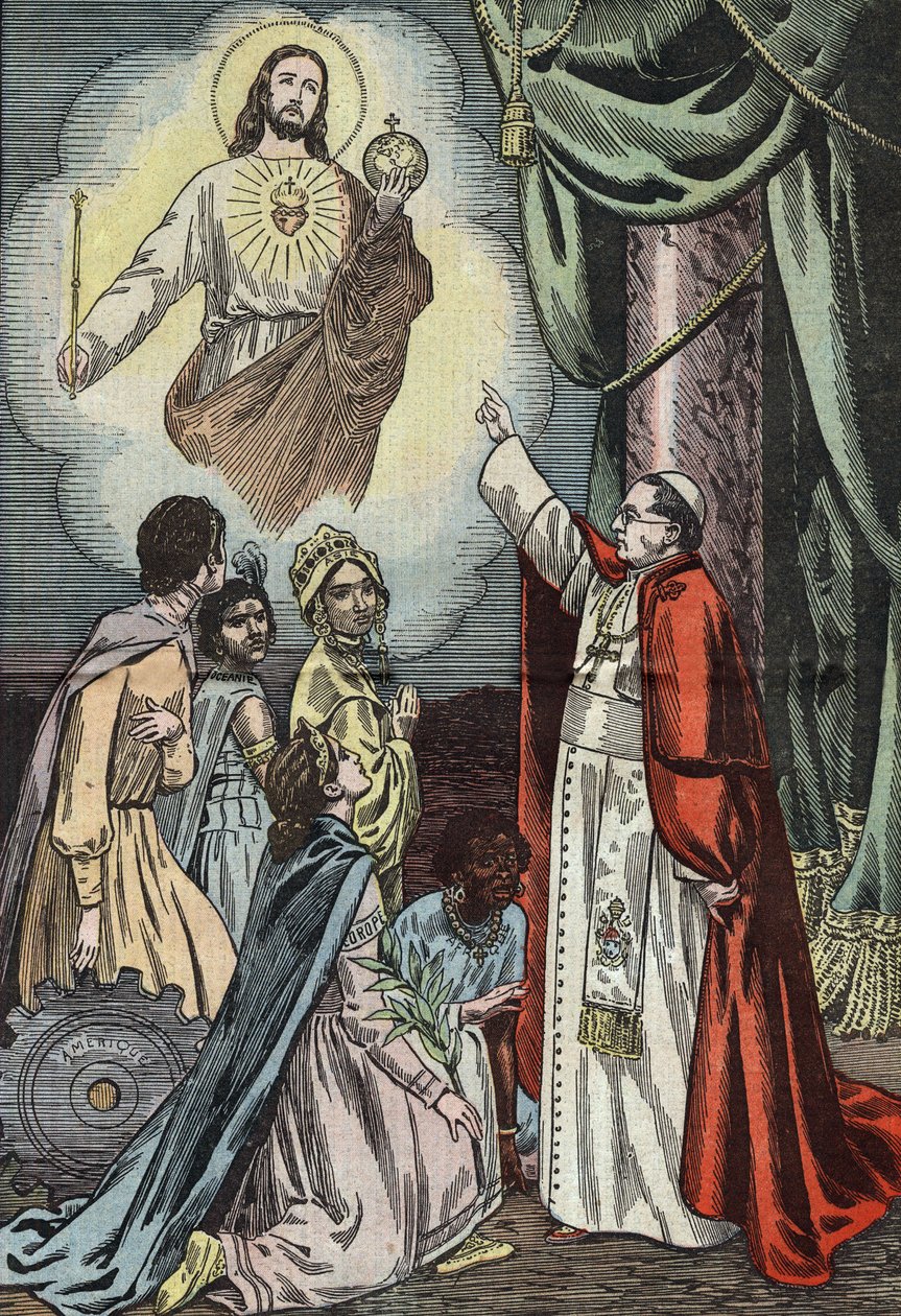 Paavi Pius IX perusti Jeesuksen Kristuksen sosiaalisen hallituskauden juhlan, piirroksia Damblans ranskalaisesta "Le Pelerin" -lehdestä 3. tammikuuta tekijältä Eugene Damblans