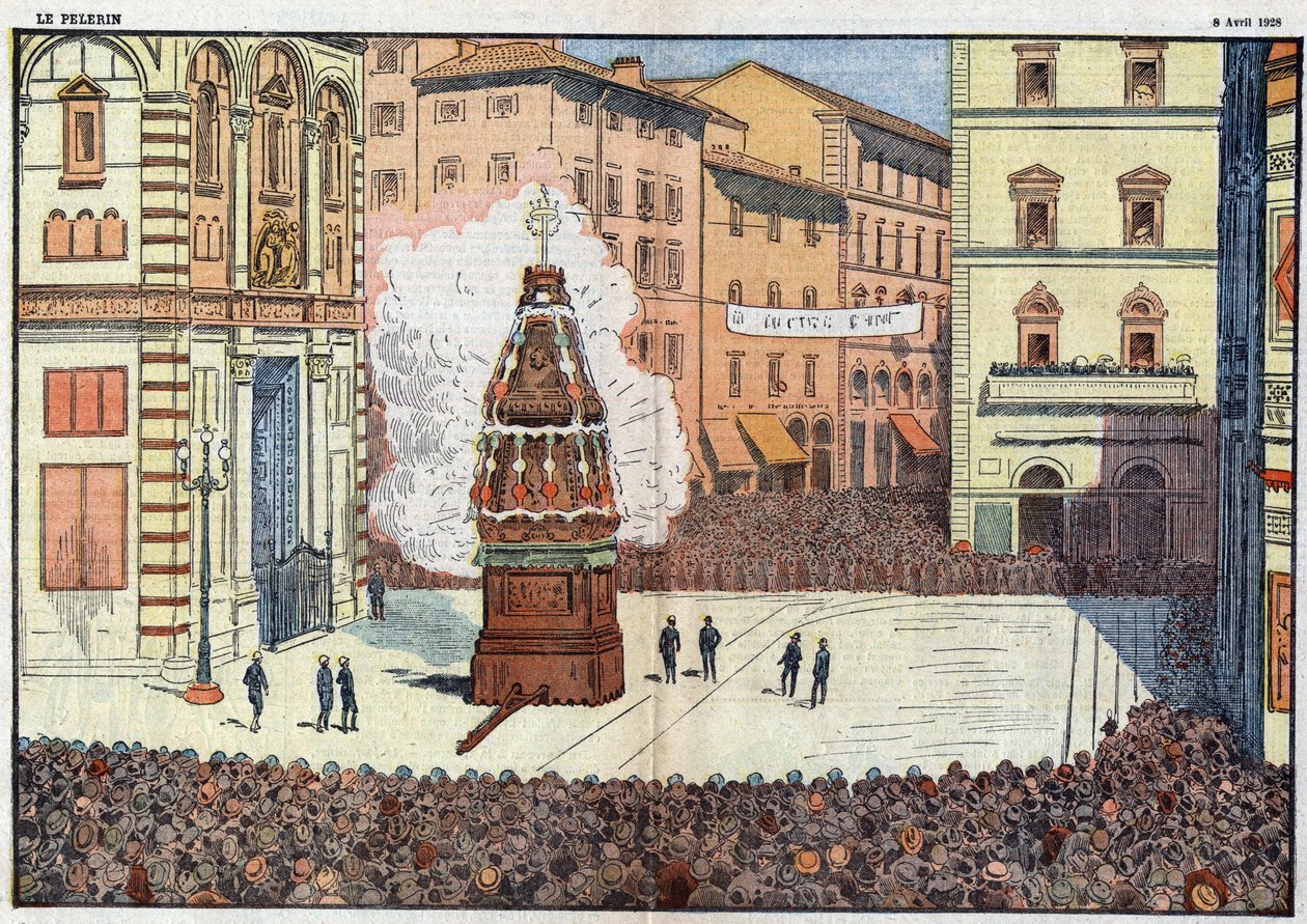 Scoppio del Carro (kärryjen räjähdys) Firenzen kaupungin kansantapahtuma - Damlansin kuvitus huhtikuusta 1928 tekijältä Eugene Damblans