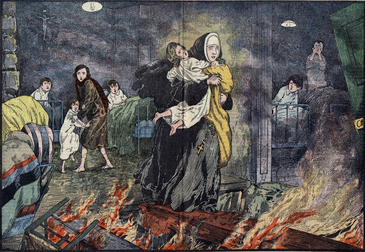 Sisar Marie Gabrielle (Marie-Gabrielle) pelastamassa lasta Bernards Villen (Bernards-Ville) orpokodin tulipalossa Yhdysvalloissa. Kuva Damblaneista "" Pelerinissä"" 27. marraskuuta tekijältä Eugene Damblans