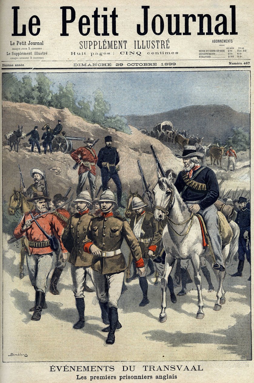Etelä-Afrikka - Buurien sota. Transvaal tapahtumia. Ensimmäiset englantilaiset vangit, jotka buurit vangitsivat. Piirustus Damblaneista. "" Le Petity Journal", 29. lokakuuta tekijältä Eugene Damblans