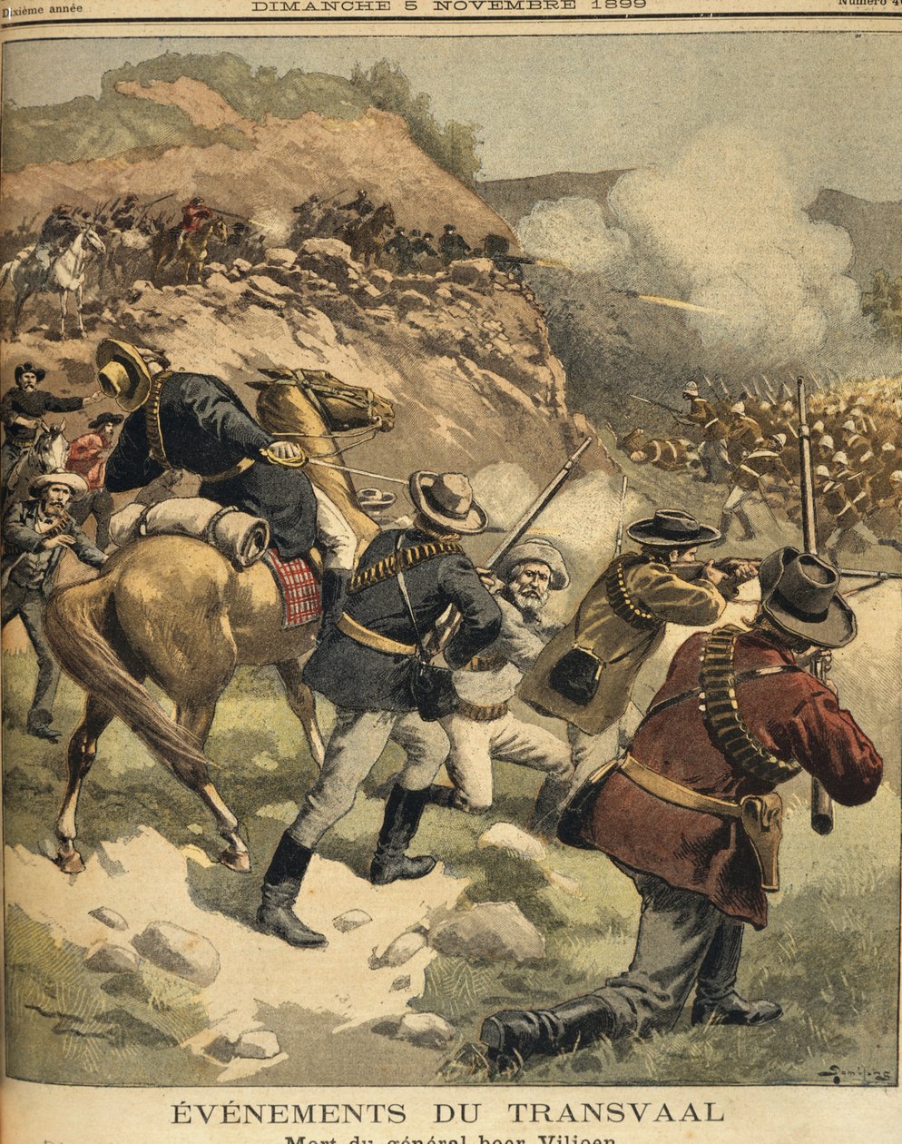 Etelä-Afrikka, Anglo Boer Wars, Buurikenraali Viljoenin kuolema taistelussa englantilaisia vastaan, print tekijältä Eugene Damblans