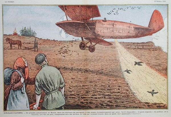 Siementen kylvö lentokoneesta Neuvosto-Venäjällä, kuvitus "le Pelerin"-lehdelle, 22. lokakuuta 1933 (väri litho) tekijältä Eugene Damblans