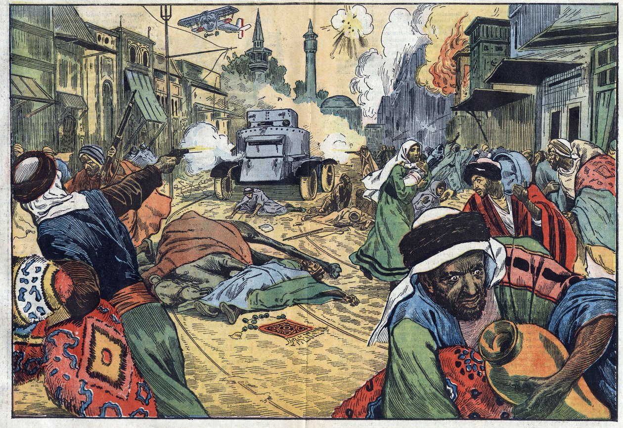 Druusit (druusit) ryöstivät Damaskoksen (Syyria) katuja, kun kenraali Maurice Sarrailin (1856-1929) ranskalaiset joukot hyökkäsivät kaupunkiin lentokoneilla ja konepistoolilla (itsekonepistoolilla). Kuva Damblansista. "" Le Pelerin" -lehdessä 15. marraskuu tekijältä Eugene Damblans