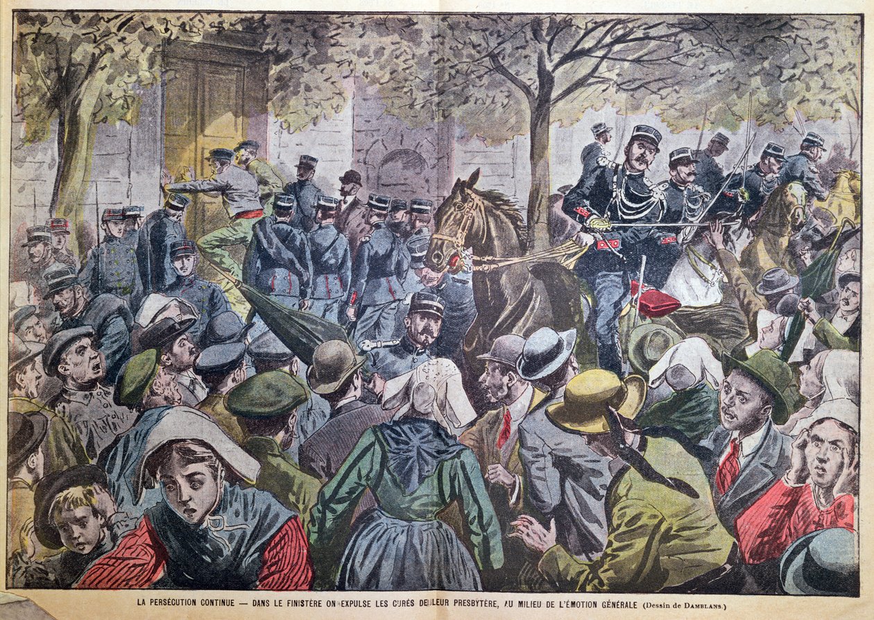 Pappien karkottaminen presbyterioistaan Bretagnen Finisteressä, kuva Le Pelerin -lehdestä, 27. lokakuuta 1907 tekijältä Eugene Damblans