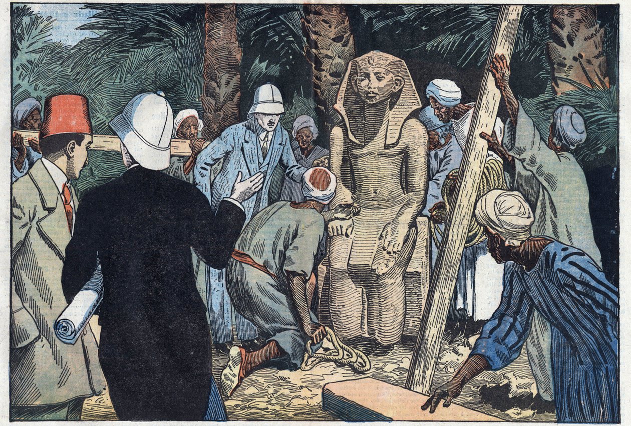 Ranskalainen arkeologinen tehtävä löytää Sesostris III -teinipatsaan, joka tuodaan Louvreen. Medamoud, muinainen Thebes, Egypti. Kuva Damblansista. "" Le Pelerin" -lehdessä 22. marraskuuta tekijältä Eugene Damblans