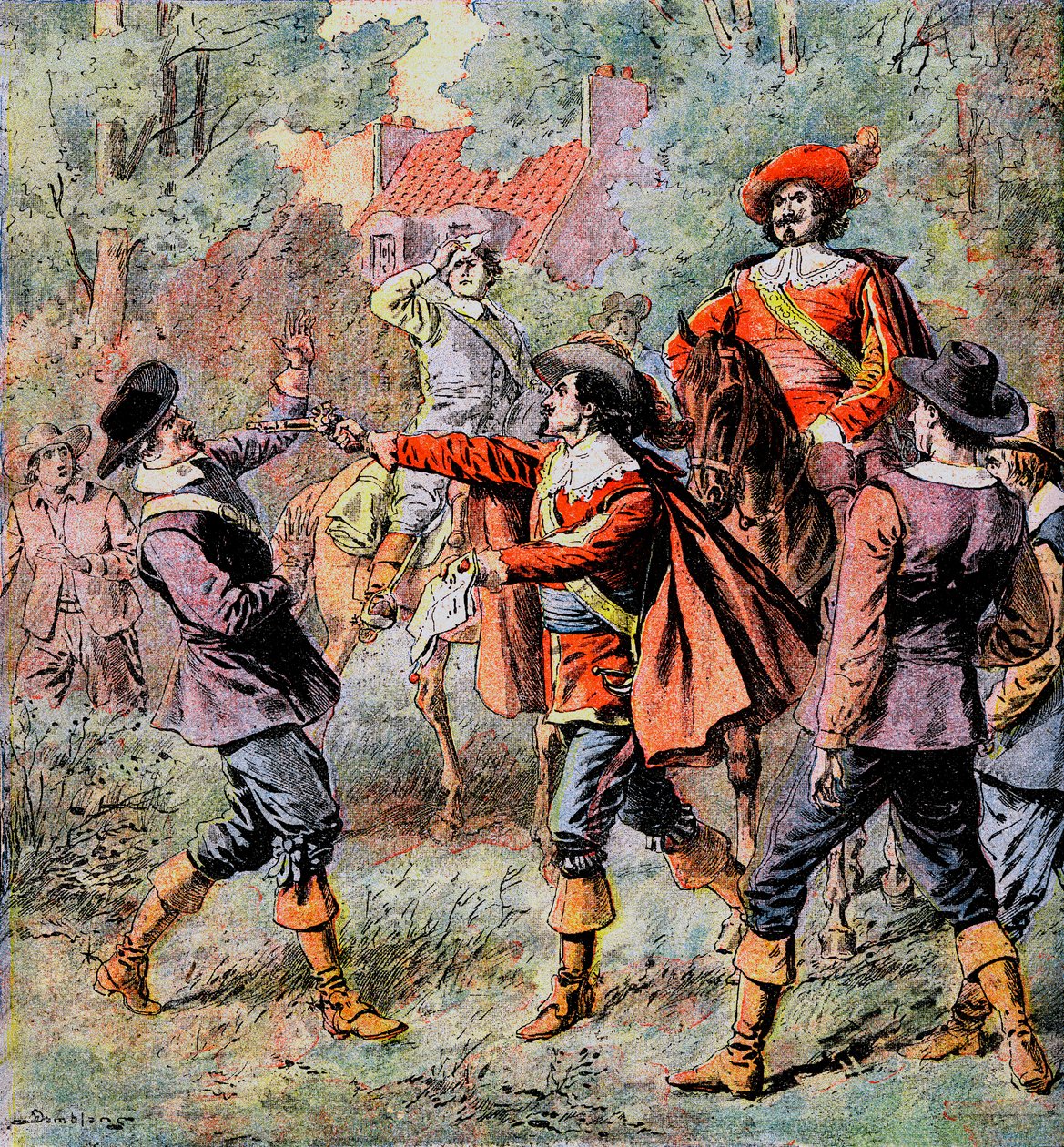 Artagnanin muskettisoturi ystävänsä Porthosin saattamana uhkaa vastustajaa pistoolillaan - Damblansin kuvitus Alexandre Dumasin romaaniin "Kolme muskettisoturia" "Diary des roman populaires illustres" -kirjassa 1900-luvulla - tekijältä Eugene Damblans