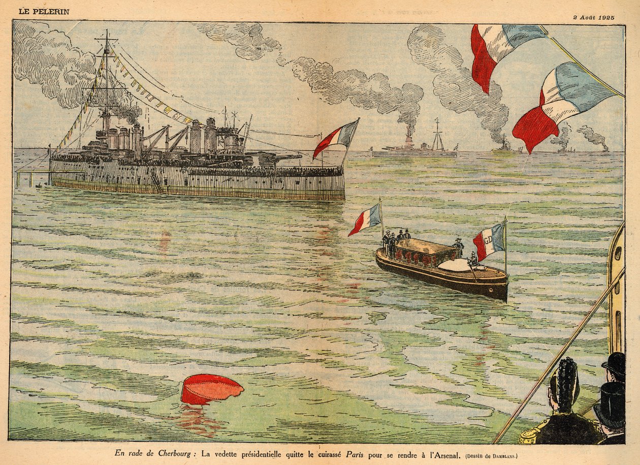 The Presidential Standard, Cherbourg Harbour, Dobleng pahina na kumalat sa "Le Pelerin" noong Agosto 2, 1925 (lithograph finn tekijältä Eugene Damblans