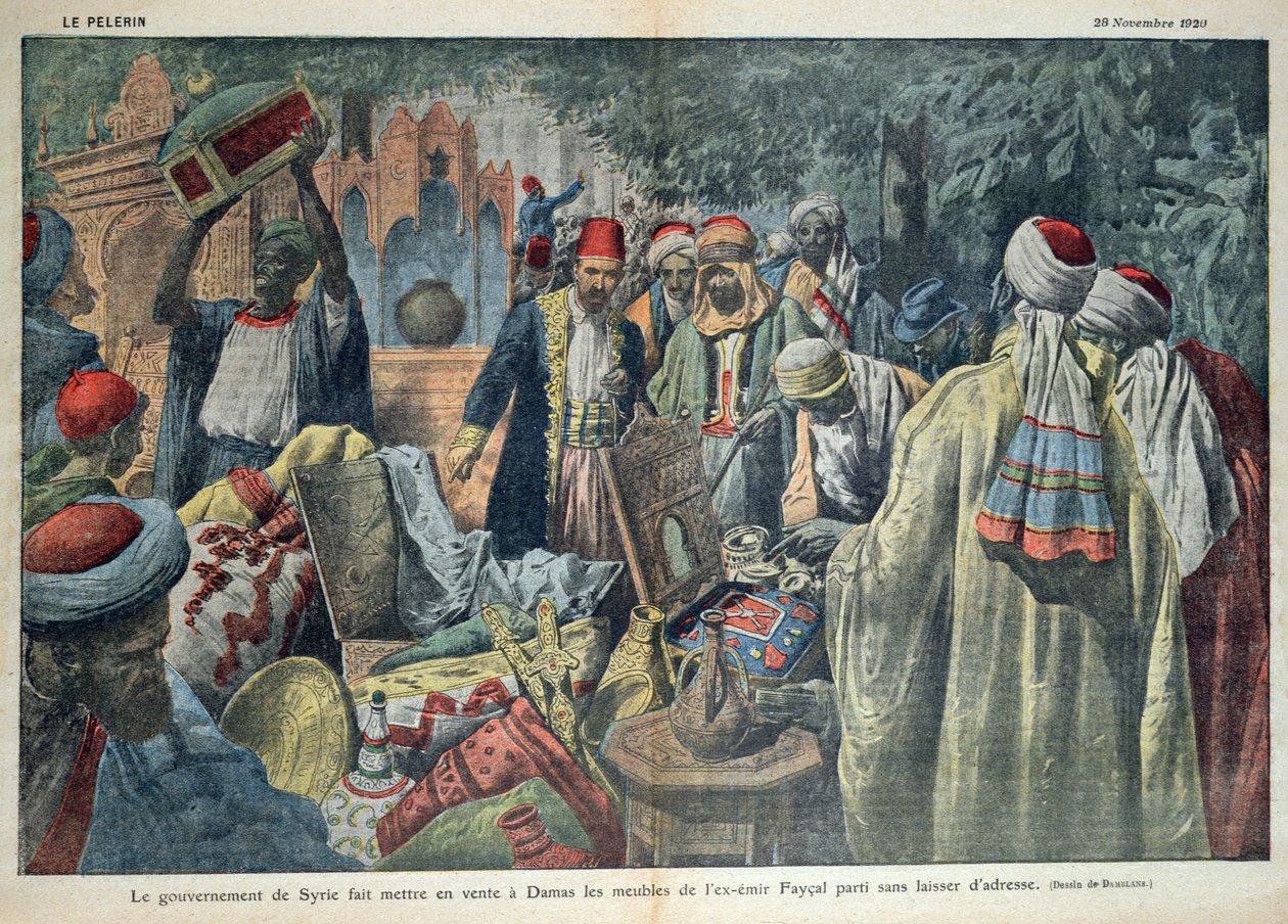 Syyrian hallituksen tekemä emiiri Faisalin (1883-1923) tavaroiden myynti Damaskoksessa, kuva Le Pelerin -lehdestä, 20. marraskuuta 1920 tekijältä Eugene Damblans
