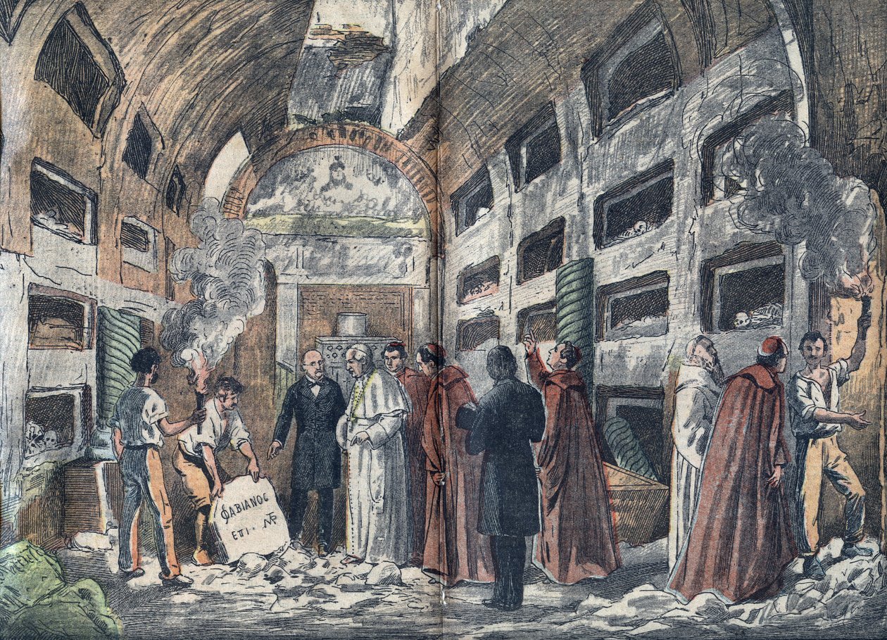 Arkeologi Giovanni Battista de Rossi (1822-1894) saa paavi Pius IX:n vierailemaan juuri löytämiensä paavien kryptassa (1852) - Kuva Damblaneista "" le-Pelerinissä"" 1923 tekijältä Eugene Damblans