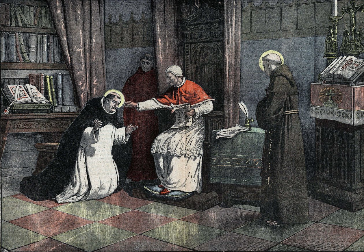 "Kiista pyhästä sakramentista": Pyhä Tuomas Akvinolainen, paavi Urbanus IV ja Saint Bonaventure. (San Tommaso d