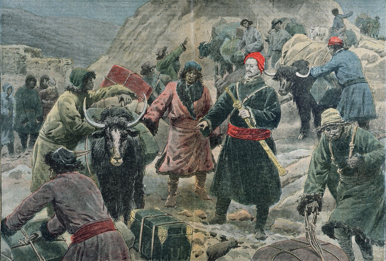 Tutkija Sven Ander Hedin (1865-1952) Tiibetissä, kuvitus Le Pelerinistä, helmikuu 1909 tekijältä Eugene Damblans