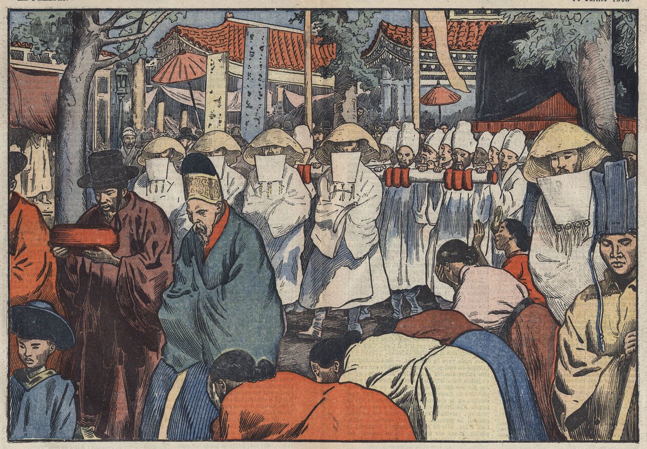 Korean entisen keisarin, prinssi Yin hautajaiset. Soulin palatsin ovella voi nähdä katafalkin, kun taas Aigot eli "Cereers Coreens" valittavat prinssin kuolemaa. Soul, Etelä-Korea. Kuva Damblansista. "" Le Pelerin" -julkaisussa heinäkuussa tekijältä Eugene Damblans